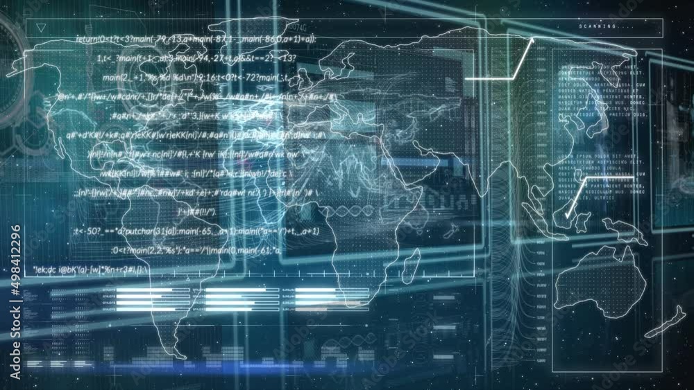 Animation of data processing over screens on dark background Animation of data processing over screens on dark background