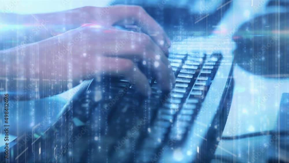 Animation of men using keyboard over data processing Animation of men using keyboard over data processing