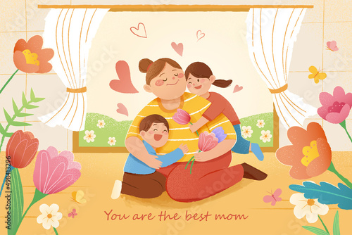 Kids hug their mother with love
