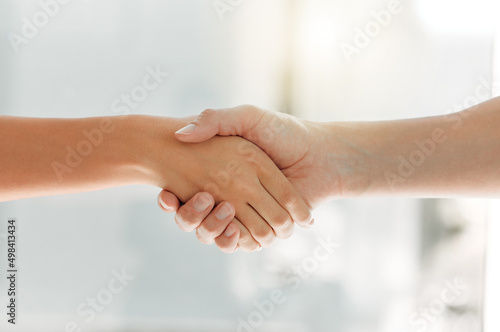 You got a deal. Shot of two unrecognizable people shaking hands at home.