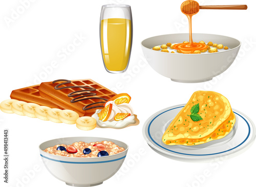 Breakfast set with cereal and waffle and omelette