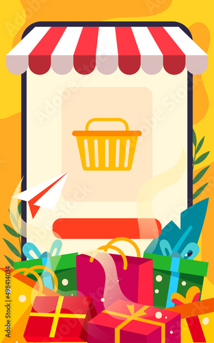 Boy is shopping, online shopping, many shopping bags and gift boxes in the foreground, vector illustration