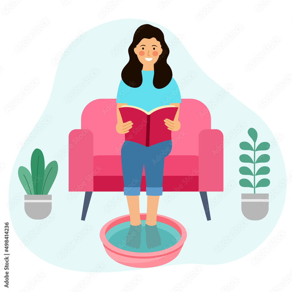 Female soaking feet in bowl filled with warm water at home or spa in flat design. Warming feet for relaxation concept vector illustration. Foot bath. Female soaking feet in bowl filled with warm water at home or spa in flat design. Warming feet for relaxation concept vector illustration. Foot bath.