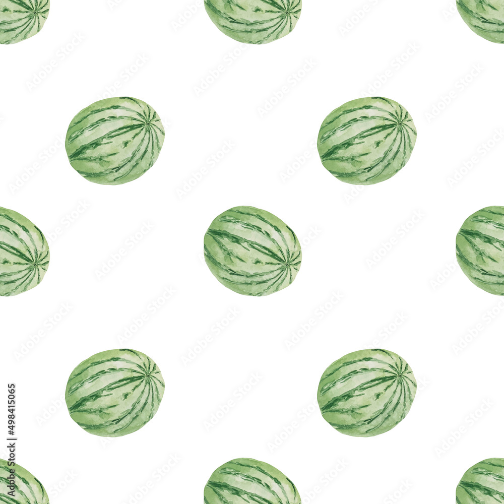 Watercolor seamless pattern with whole green round watermelon. Summer template background with fruit for postcards and cards Watercolor seamless pattern with whole green round watermelon. Summer template background with fruit for postcards and cards