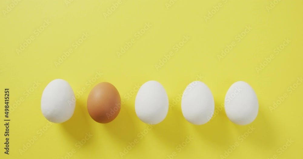 Video of row of one brown and four white eggs with copy space on yellow background Video of row of one brown and four white eggs with copy space on yellow background