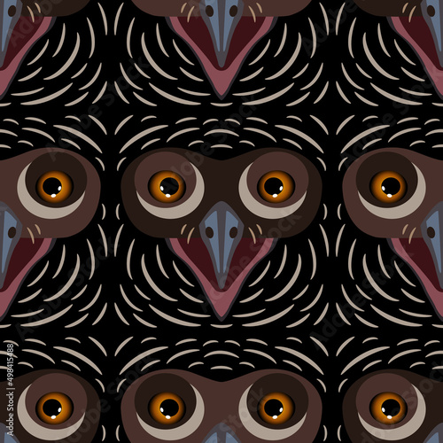 Seamless animal pattern with owl faces. 