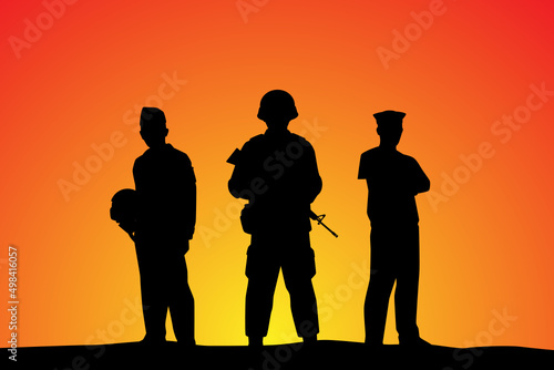 Soldier with army navy and air force sunset silhouette background, people design vector illustration.