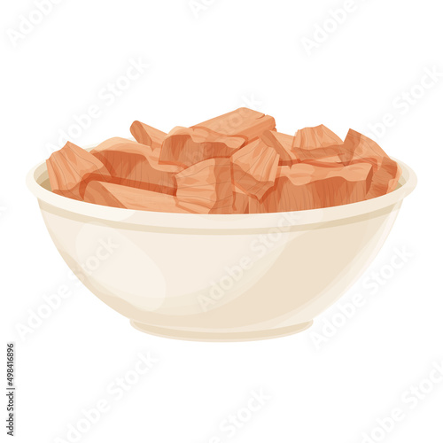 Sandalwood, chandan pieces in bowl ingredient in cartoon style isolated on white background. Dried wood, medical material.