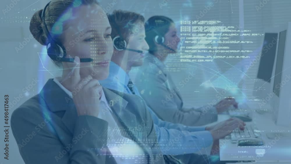 Animation of data processing and globe over diverse female and male consultants with headphones Animation of data processing and globe over diverse female and male consultants with headphones