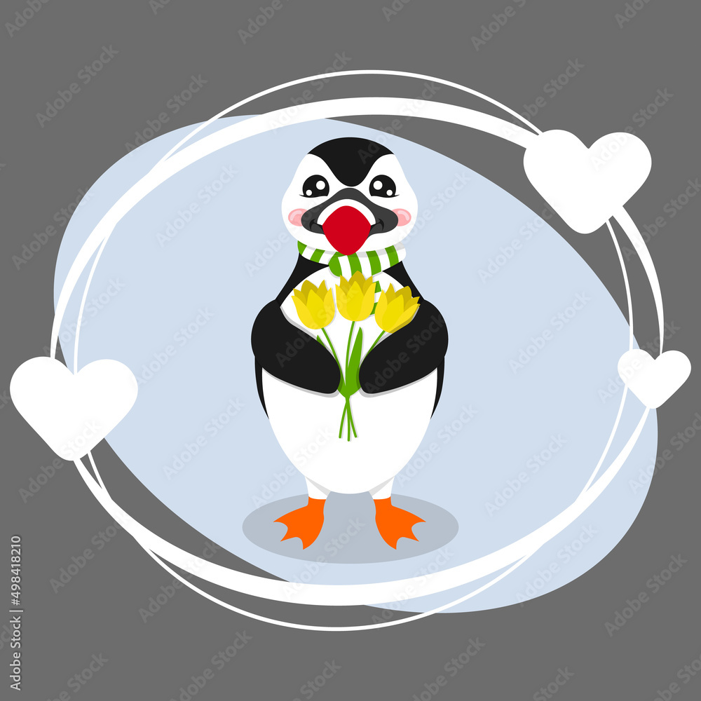 Obraz premium Cute puffin penguin with a bouquet of tulips
