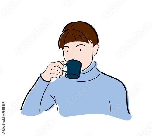 髪の毛の短い女性がマグカップに入った飲み物を飲んでいるイラスト素材