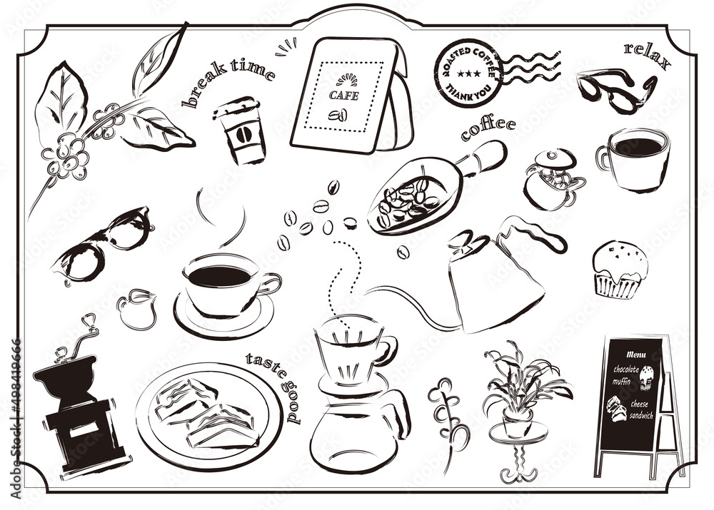 手描き線画のカフェ（コーヒー）モノクロイラストセット素材　珈琲／カップ／おしゃれ／スケッチ／シンプル