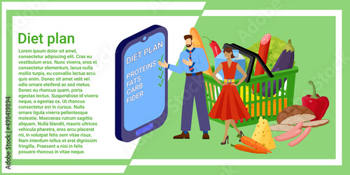 Diet plan.Proper nutrition planning.People are discussing the usefulness of proteins, carbohydrates, fats and fiber.An application that monitors proper nutrition installed on a smartphone.