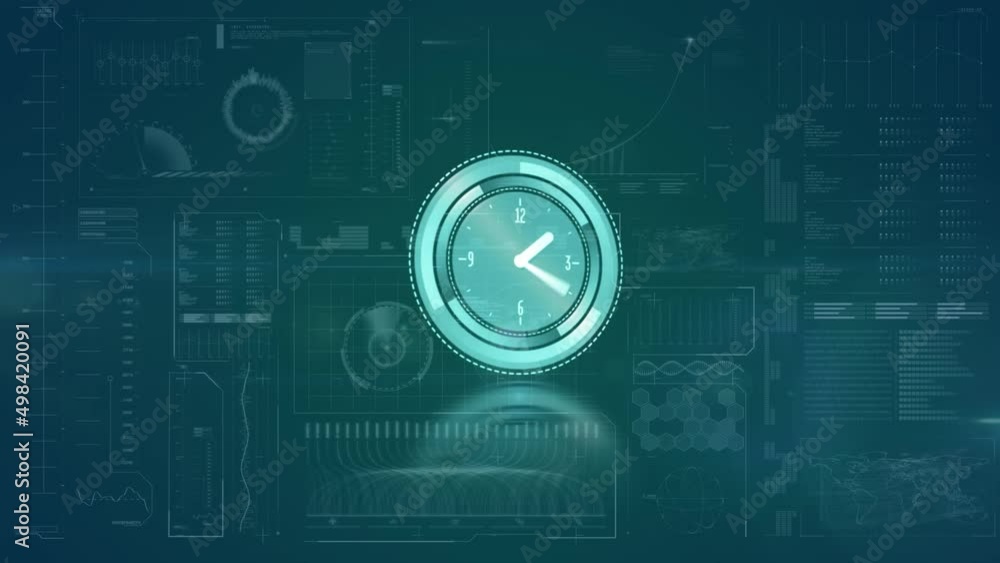 Animation of clock moving fast, data and statistics processing over screen Animation of clock moving fast, data and statistics processing over screen