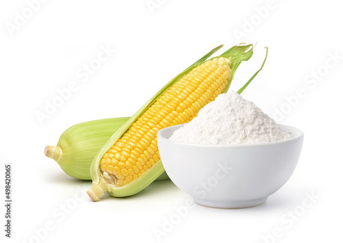 Foto Corn starch with fresh corn isolated on white background.
