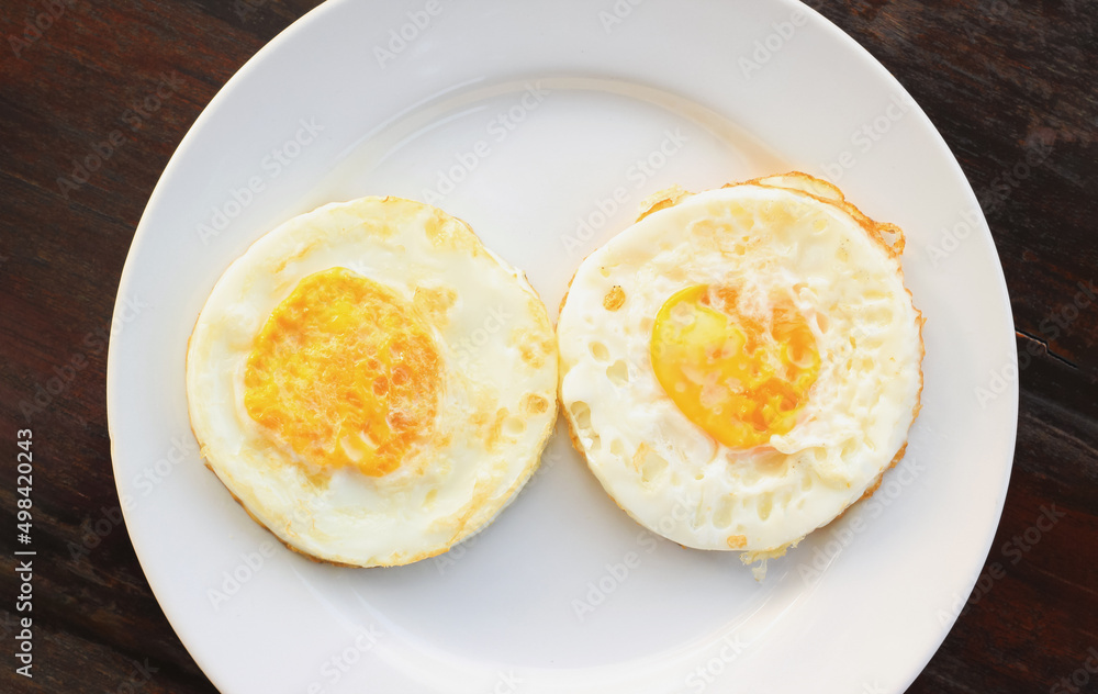 Two fried eggs on a plate in the top view. Protein food. Nourishing meal. Morning breakfast. Cholesterol and diet. Two fried eggs on a plate in the top view. Protein food. Nourishing meal. Morning breakfast. Cholesterol and diet.