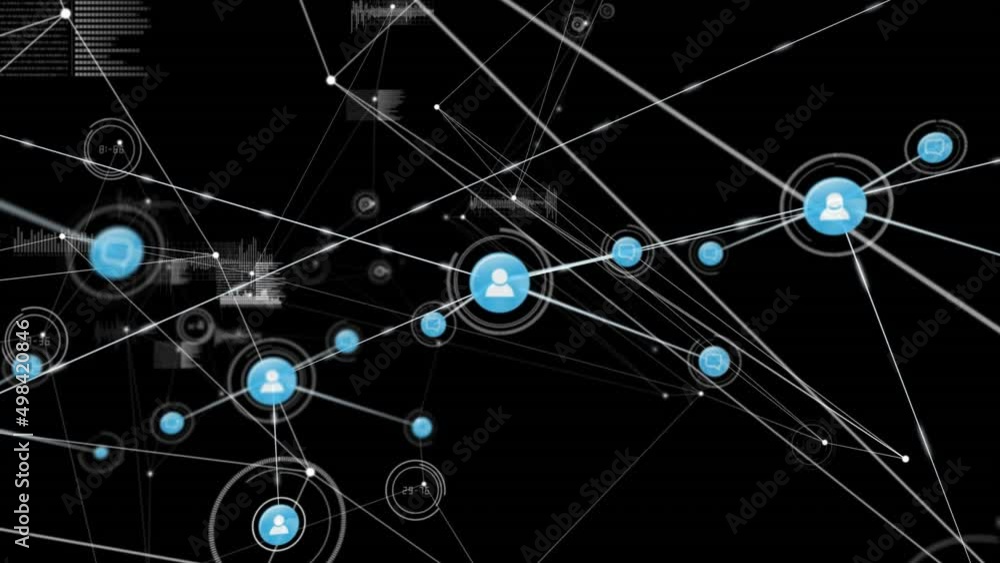 Animation of network of connections with people icons with glowing spots Animation of network of connections with people icons with glowing spots