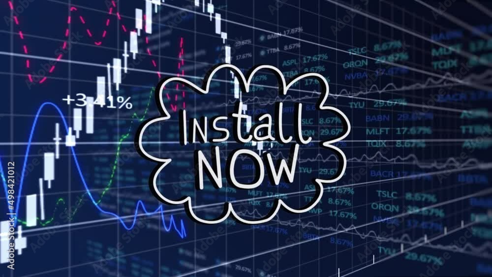 Animation of install now text and data processing on blue background Animation of install now text and data processing on blue background