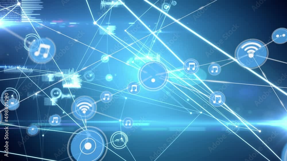 Animation of network of connections with icons over glowing spots Animation of network of connections with icons over glowing spots