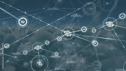 Wallpaper Mural Animation of network of connections with icons over sky and clouds Torontodigital.ca