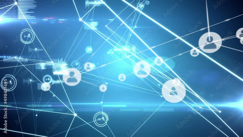Animation of network of connections with people icons over glowing spots Animation of network of connections with people icons over glowing spots