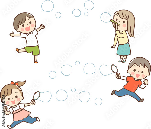 シャボン玉で遊ぶ子供達