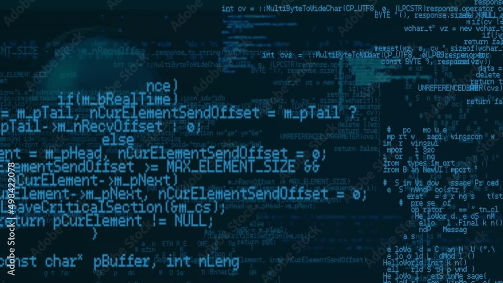 Animation of computer code processing on navy background