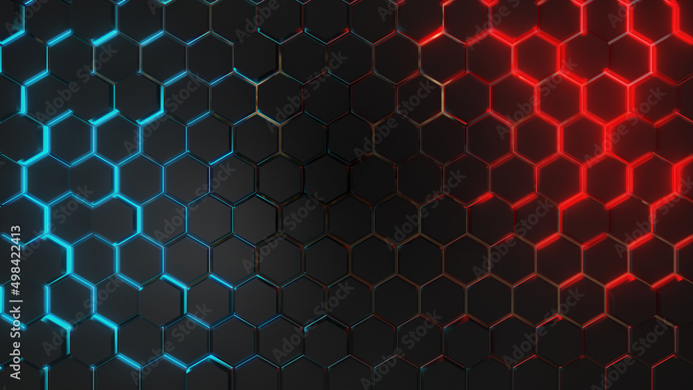 3D render Dark grey hexagon abstract technology background with blue and red colored bright lighting under hexagon