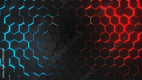 Fototapeta Naklejka Na Ścianę i Meble -  3D render Dark grey hexagon abstract technology background with blue and red colored bright lighting under hexagon