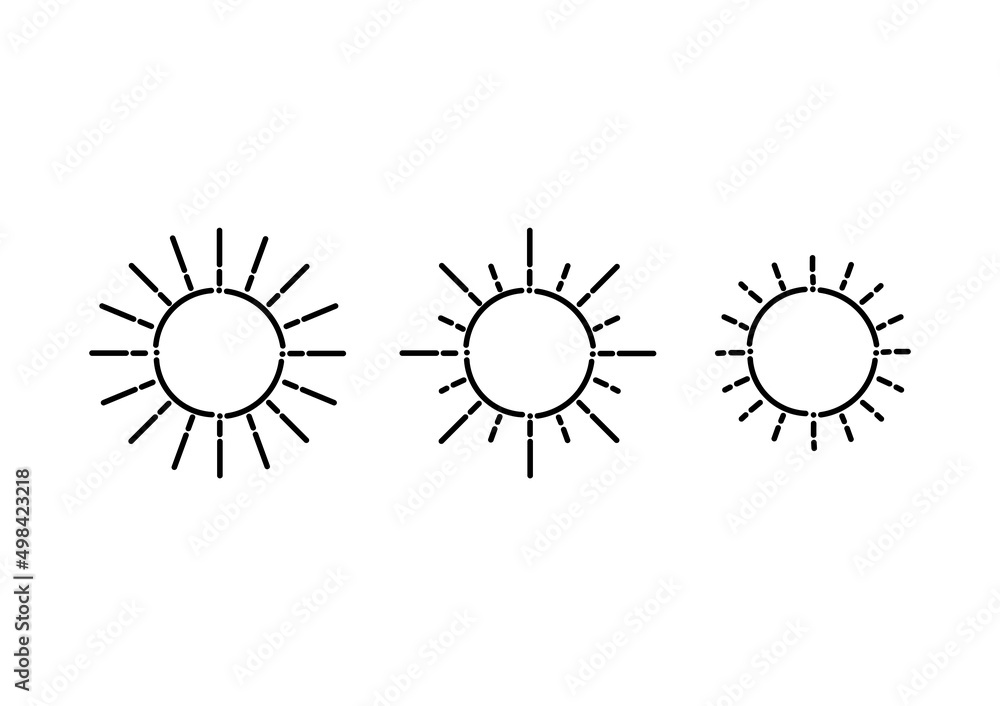 illustration of the sun of three different types in dotted line style, on a white background