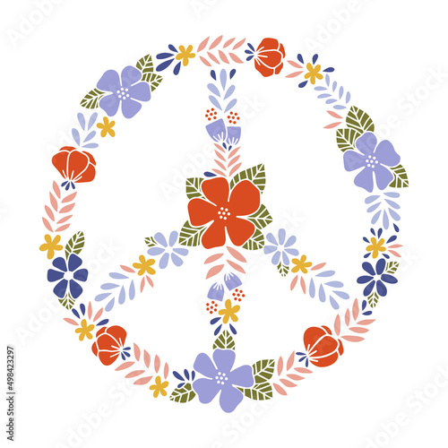 Peace sign with flowers vector. No war illustration. Hand drawn hippie symbol. Retro 60s - 70s style. Floral wreath. Boho t shirt print, pacifism poster, sticker.