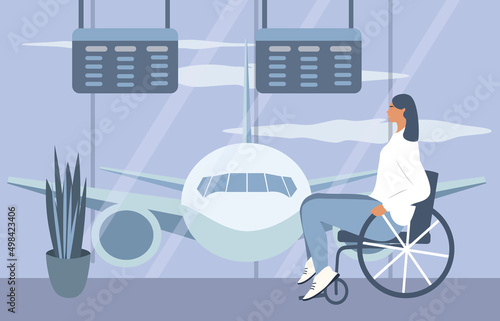 vector illustration in a flat style - a woman, who use wheelchair in the waiting room of the airport
