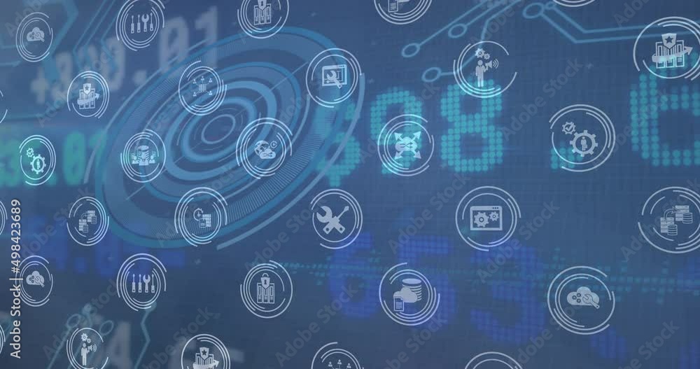 Digital icons in seamless pattern against round scanner and stock market data processing