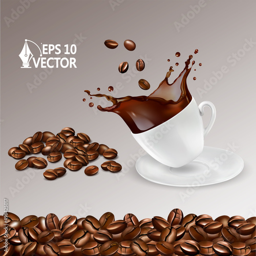 Coffee cup, falling roasted beans, coffee splash, arabica, americano, espresso, coffee texture, 3d realistic vector illustration