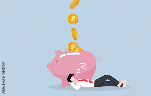 Passive income, making money while doing nothing, relaxing, or sleeping, additional effortless career to increase wealth concept. Businessman sleeping near piggy bank with dollar coins flow.
