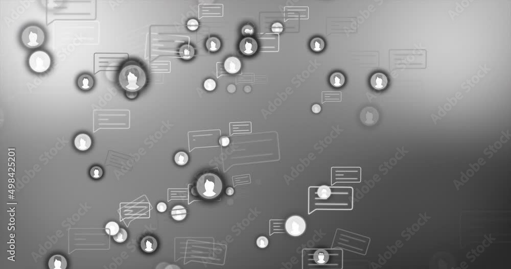 Animation of media icons and speech bubbles on gray background Animation of media icons and speech bubbles on gray background
