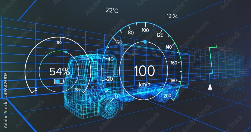 Animation of car panel over digital lorry on black background Animation of car panel over digital lorry on black background