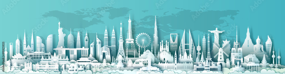 Travel landmarks architecture world with turquoise background, Important architecture monuments of the world, Tourism with panorama paper cut style for travel poster and postcard, Vector illustration.