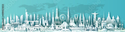 Travel landmarks architecture world with turquoise background, Important architecture monuments of the world, Tourism with panorama paper cut style for travel poster and postcard, Vector illustration.