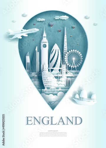 Travel landmarks London of England architecture in pin point symbol. Tour landmark monument pin in europe with modern city building business travel poster and postcard. Tourism landmark of london.
