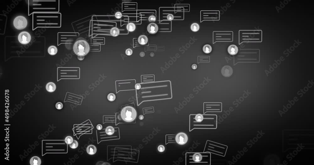 Animation of social media icons and speech bubbles on black background Animation of social media icons and speech bubbles on black background