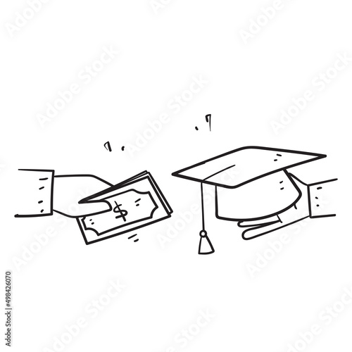 hand drawn doodle money and graduation hat illustration symbol for tuition fee icon isolated