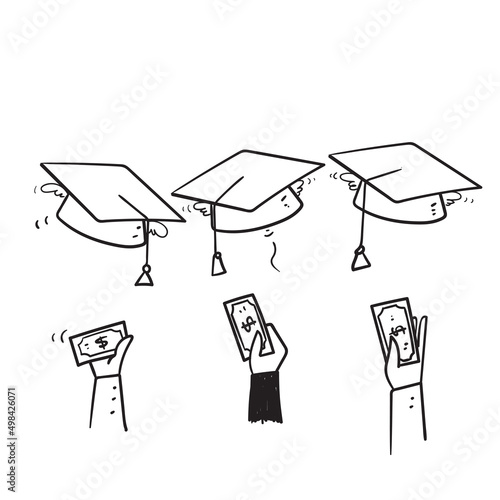hand drawn doodle money and graduation hat illustration symbol for tuition fee icon isolated