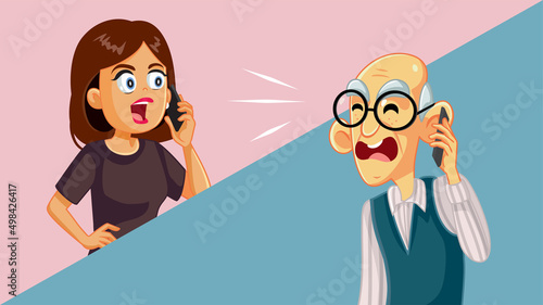 Woman Arguing with her Elderly Father over the Phone Vector Cartoon