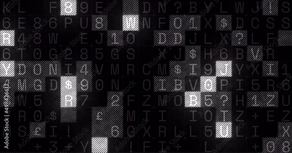 Animation of letter and numbers over black background with white shapes Animation of letter and numbers over black background with white shapes