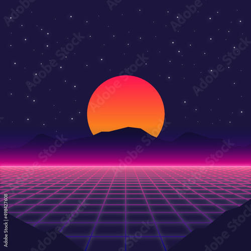 80s Style Sun with Mountains Art Vector / Ai Illustrator / Miami Style