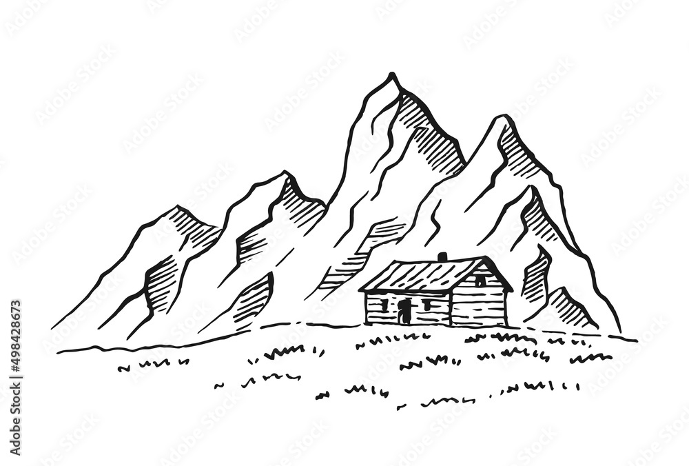 Fototapeta premium Mountain with pine trees and country house landscape black on white background. Hand drawn rocky peaks in sketch style. Vector illustration.