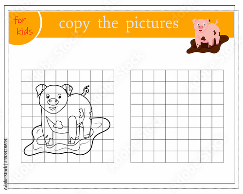 Copy the picture, educational games for kids, cartoon pig. vector