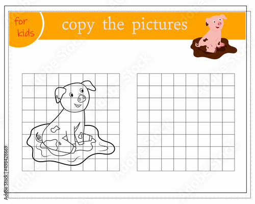 Copy the picture, educational games for kids, cartoon pig. vector