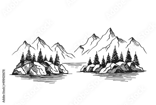 Mountain with pine trees and lake landscape. Hand drawn illustration converted to vector.